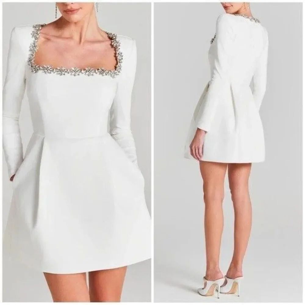 $535 New Nadine Merabi Kimberly White Dress Long Sleeve Jewel Crystal Neck Sz 10